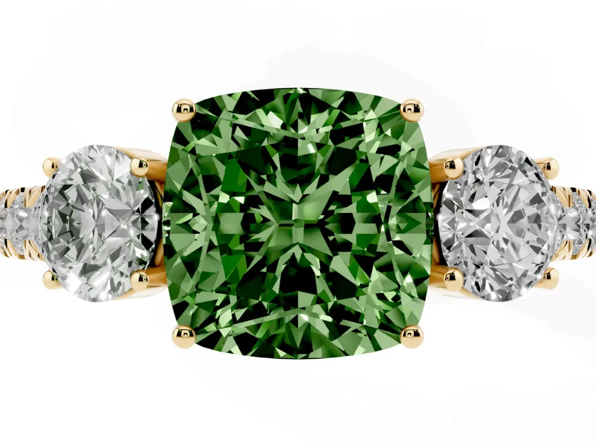 Fancy Green Cushion Cut Cut Diamond Three-Stone Ring with Round Side Stones and Pavé Band Yellow gold