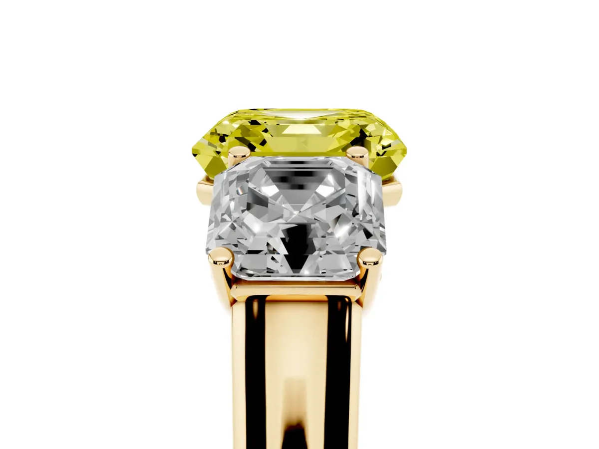 Fancy Yellow Asscher Cut Three-Stone Diamond Ring with Prong Setting on a Classic Band Yellow gold
