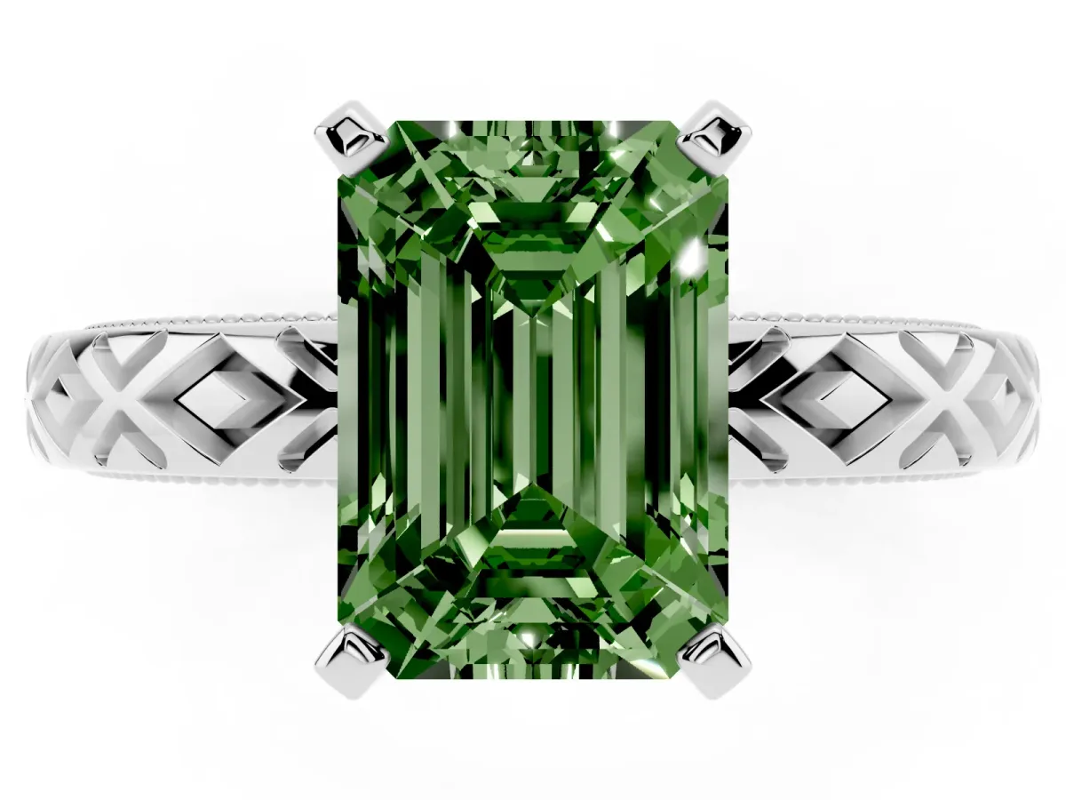 Fancy Green Emerald Cut Solitaire Diamond Ring with Milgrain and Black Enamel X Pattern Band Silver