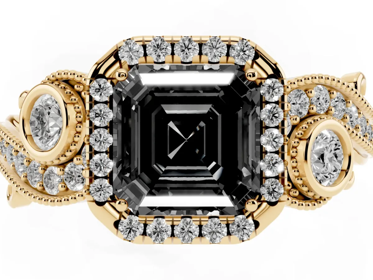 Fancy Black Asscher Cut Halo Diamond Ring with Milgrain and Bezel Accents on a Split Shank Band Yellow gold