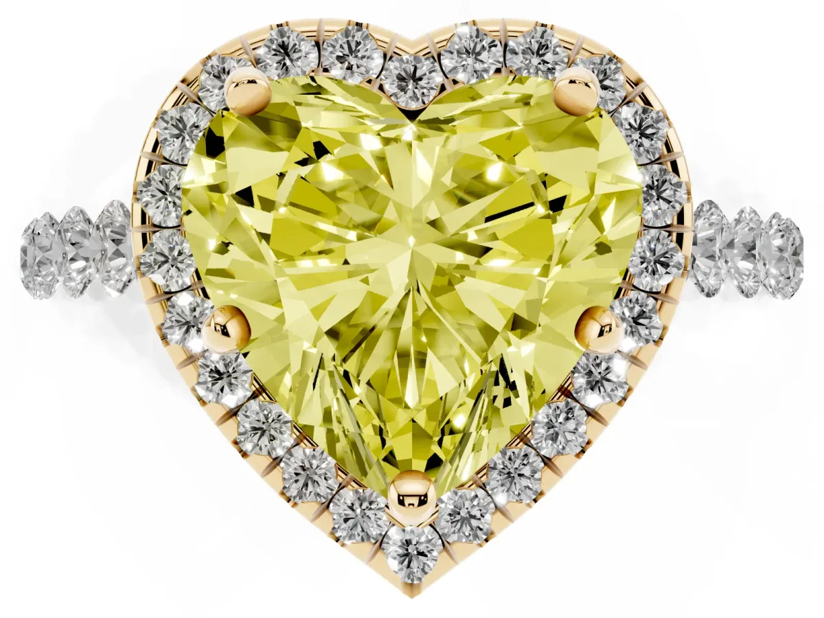 Fancy Yellow Heart Cut Halo Pavé Diamond Engagement Ring with Four-Prong Setting Yellow gold
