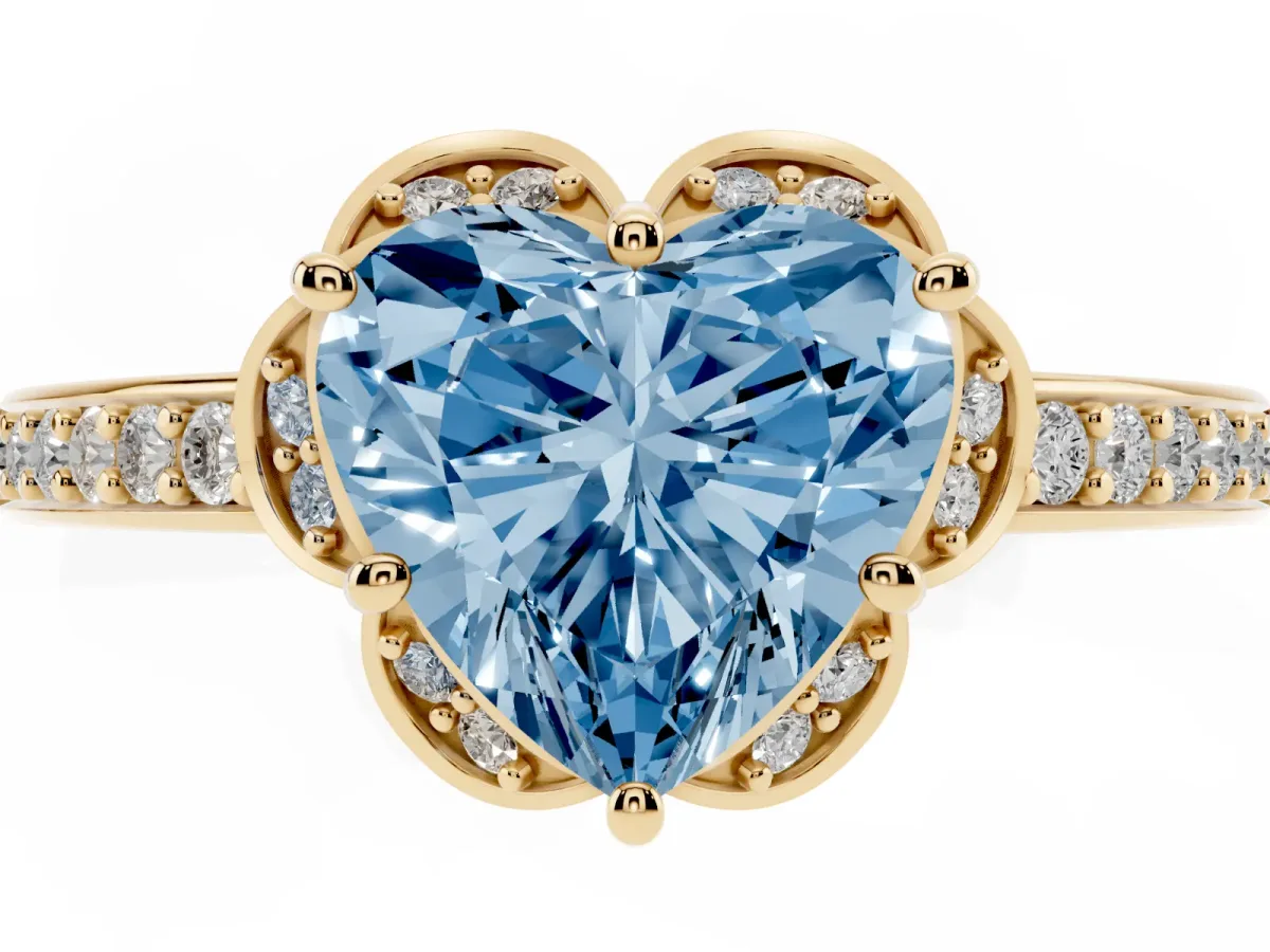 Fancy Blue Heart Cut Cut Halo Diamond Ring with Channel Set Band and Four-Prong Setting Yellow gold