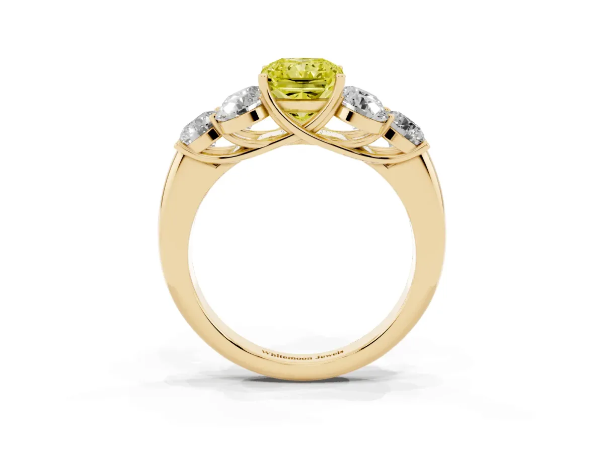 Fancy Yellow Radiant Cut Cut Diamond Cluster Ring with Round Accent Stones and Prong Setting on a Classic Band Yellow gold