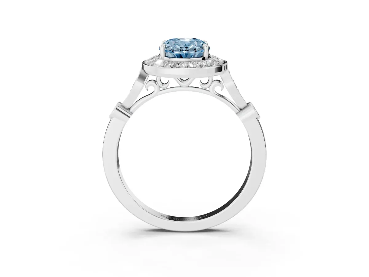 Fancy Blue Oval Cut Halo Diamond Engagement Ring with Twisted Band and Four-Prong Setting Silver