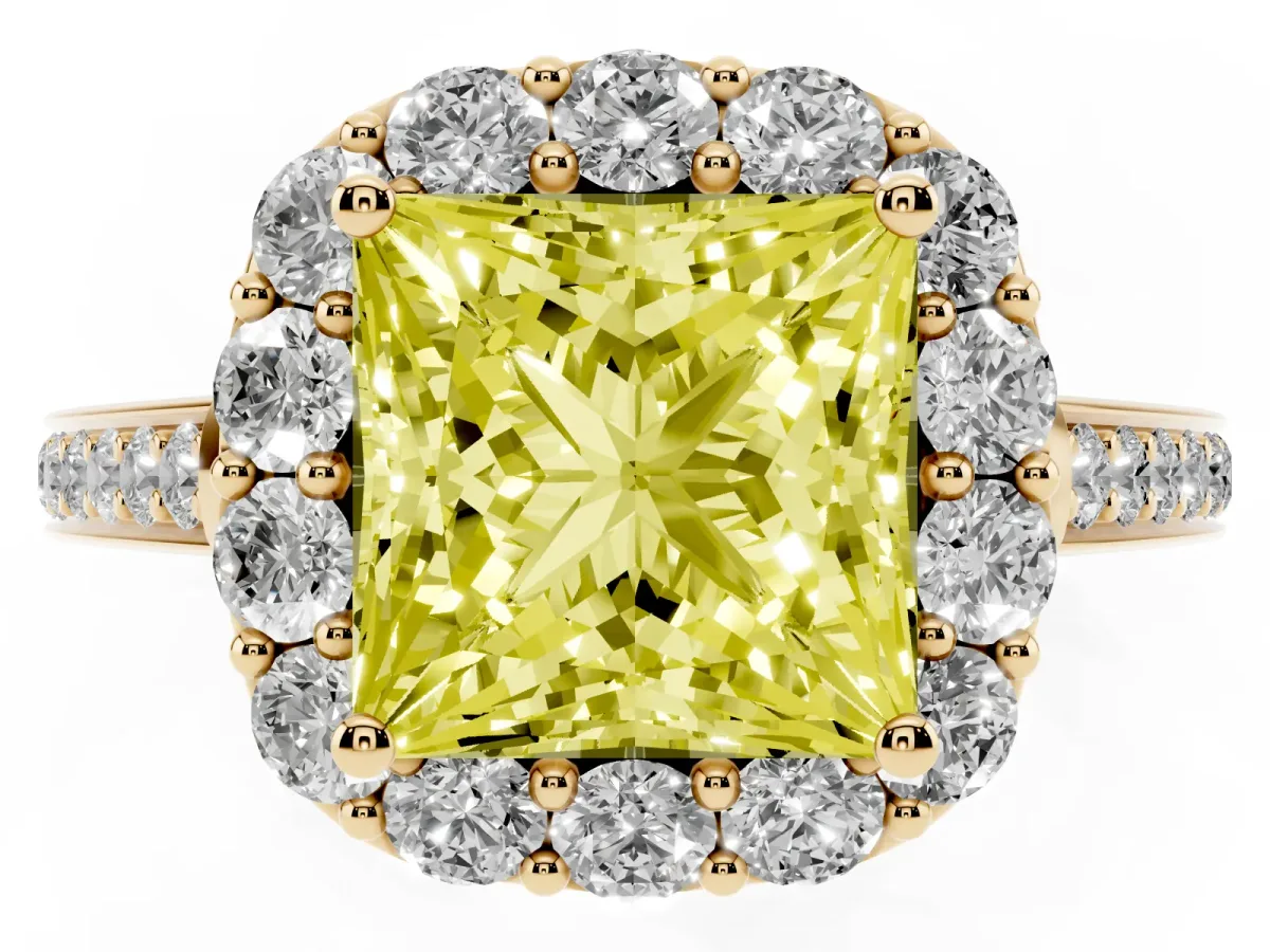 Fancy Yellow Princess Cut Diamond Floral Halo Ring with Pavé Band and Prong Setting Yellow gold