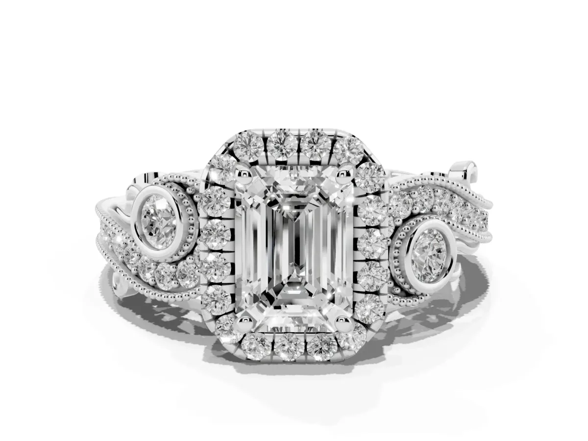 Emerald Cut Halo Diamond Ring with Milgrain and Bezel Accents on a Split Shank Band Silver