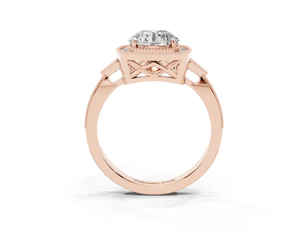 Round Cut Halo Round Diamond Milgrain Pave Engagement Ring Rose gold