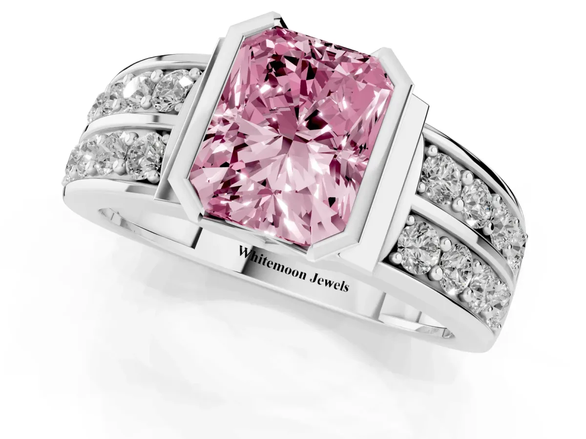 Fancy Pink Radiant Cut Brilliant Diamond Channel Set Wide Band Ring with Bezel Setting Silver