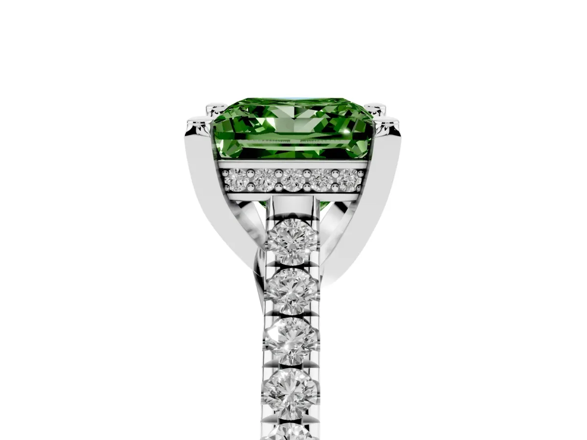 Fancy Green Princess Cut Brilliant Diamond Solitaire with Pavé Band and Four-Prong Setting Silver