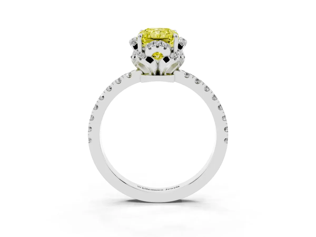 Fancy Yellow Radiant Cut Halo Diamond Pave Band Ring with Four-Prong Setting Silver