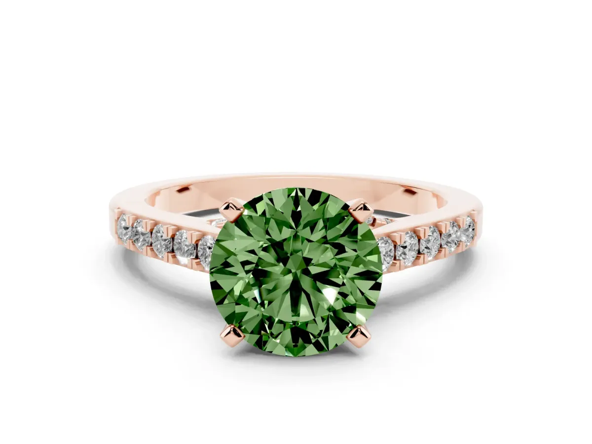 Fancy Green Round Cut Diamond Solitaire Ring with Crossover Gallery and Round Pavé Band Rose gold