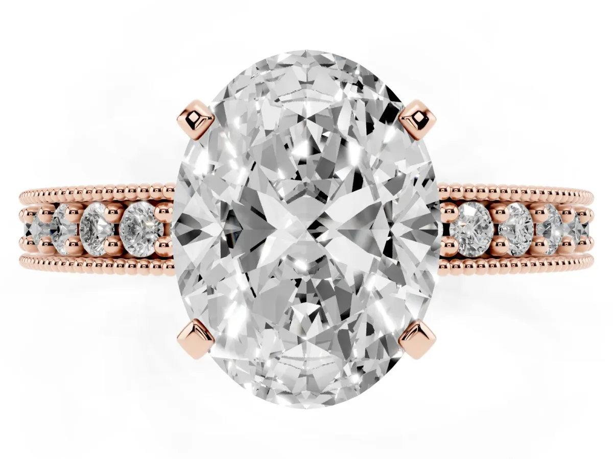 Oval Cut Diamond Milgrain Pavé Engagement Ring with Four-Prong Setting Rose gold