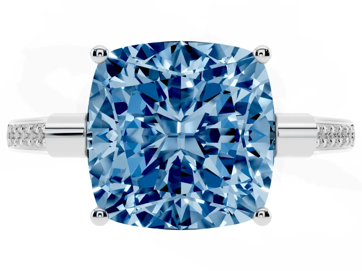 Fancy Blue Cushion Cut Solitaire Diamond Ring with Channel Set Band and Bezel Prong Setting Platinum