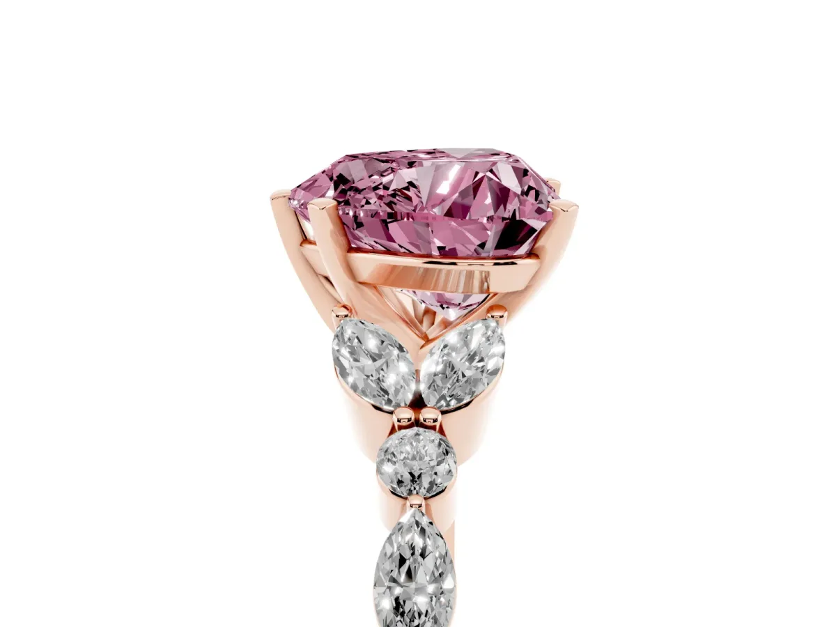 Fancy Pink Heart Cut Diamond Solitaire Ring with Side Stones and Four-Prong Setting Rose gold