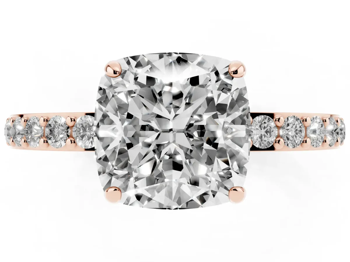 Cushion Cut Diamond Pavé Engagement Ring with Round Accents and Prong Setting Rose gold