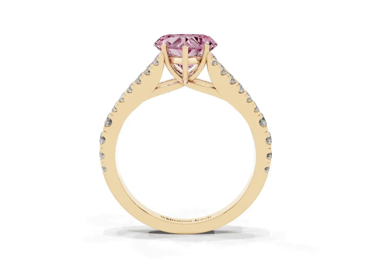Fancy Pink Heart Cut Diamond Split Shank Engagement Ring with Round Pavé and Prong Setting Yellow gold