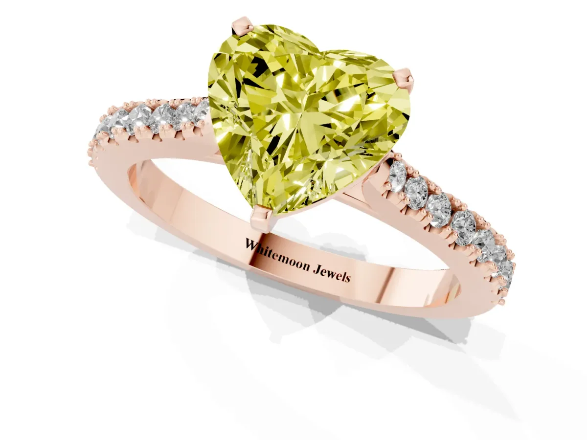 Fancy Yellow Heart Cut Cut Solitaire Diamond Engagement Ring with Pave Band and Four-Prong Setting Rose gold