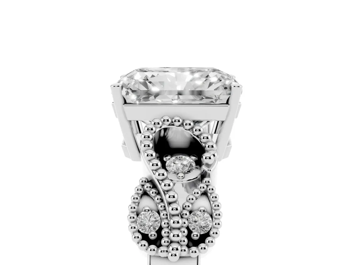 Radiant Cut Solitaire Milgrain Leaf Band with Prong Setting White gold