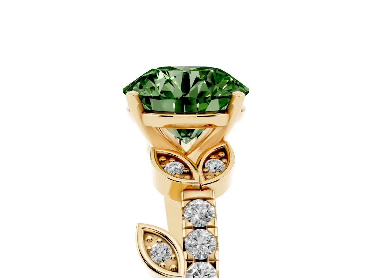 Fancy Green Round Cut Solitaire Leaf-Inspired Diamond Ring with Pavé Band and Four-Prong Setting Yellow gold