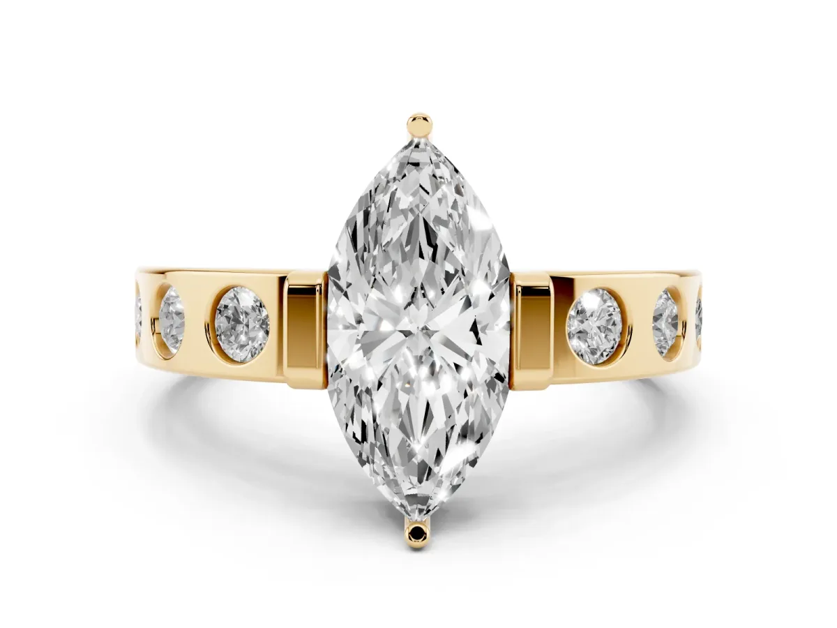 Marquise Cut Brilliant Channel-Set Diamond Ring with Bezel Prong Setting Yellow gold