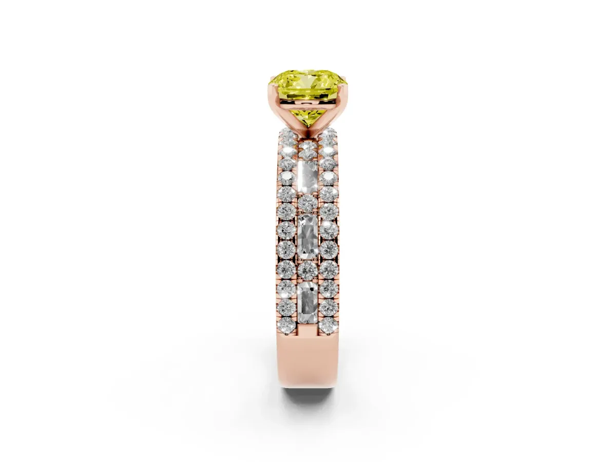Fancy Yellow Cushion Cut Diamond Solitaire Ring with Pavé and Channel Set Band Rose gold