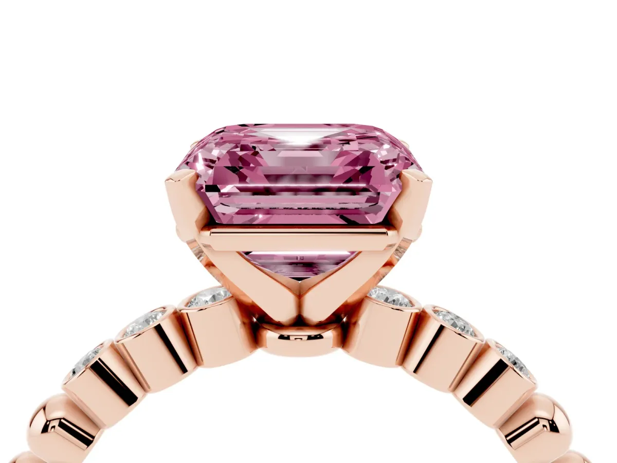 Fancy Pink Asscher Cut Solitaire Bezel Accent Diamond Engagement Ring with Beaded Band and Four-Prong Setting Rose gold