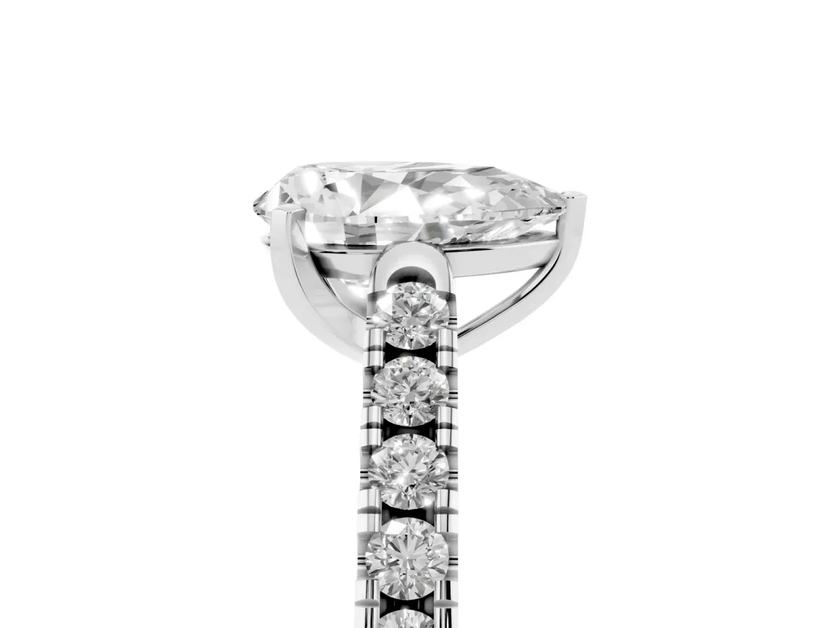 Pear Cut Diamond Pavé Band Solitaire Ring with Prong Setting Silver