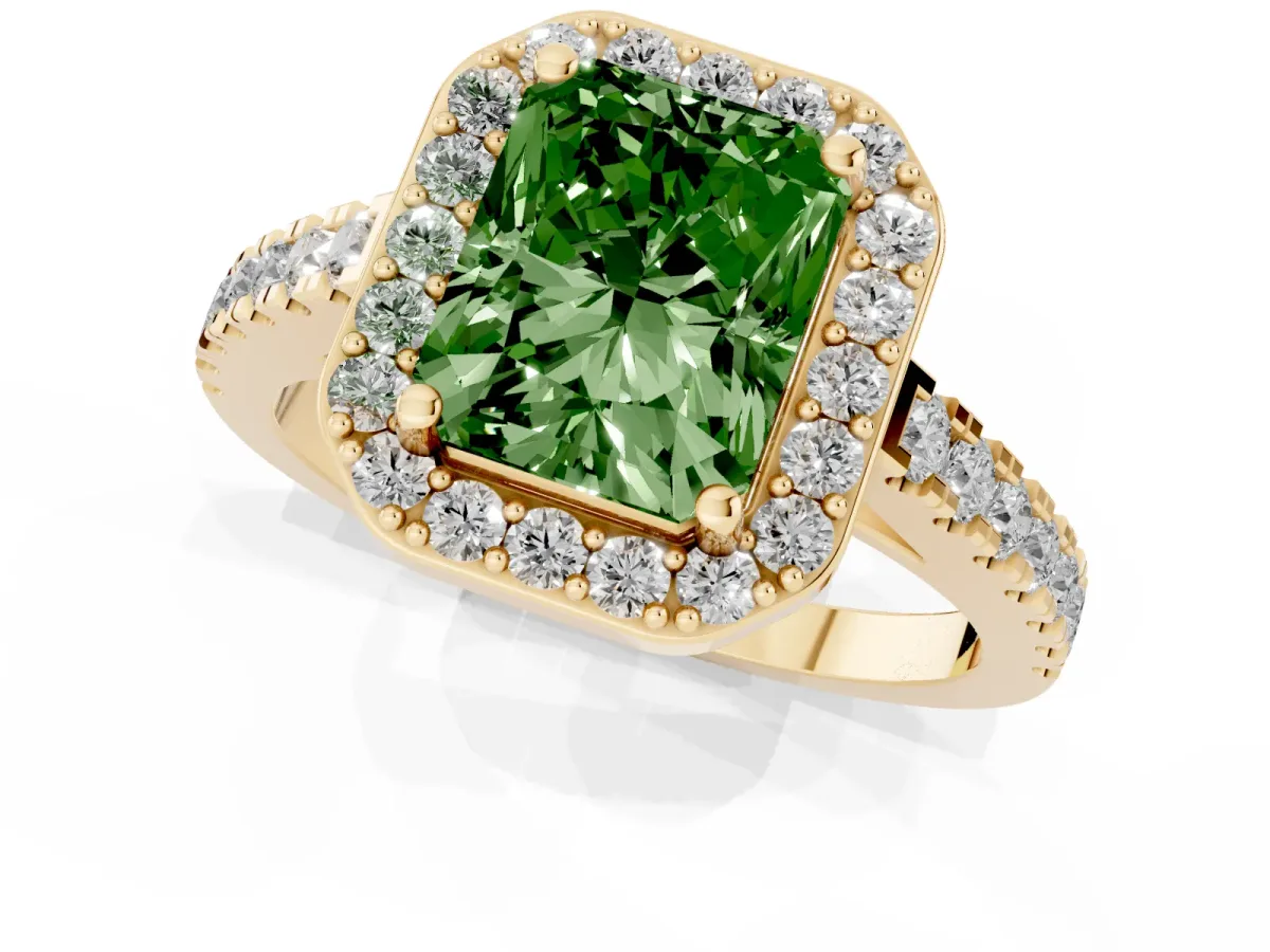 Fancy Green Radiant Cut Diamond Halo Ring with Round Pavé Split Shank and Prong Setting Yellow gold