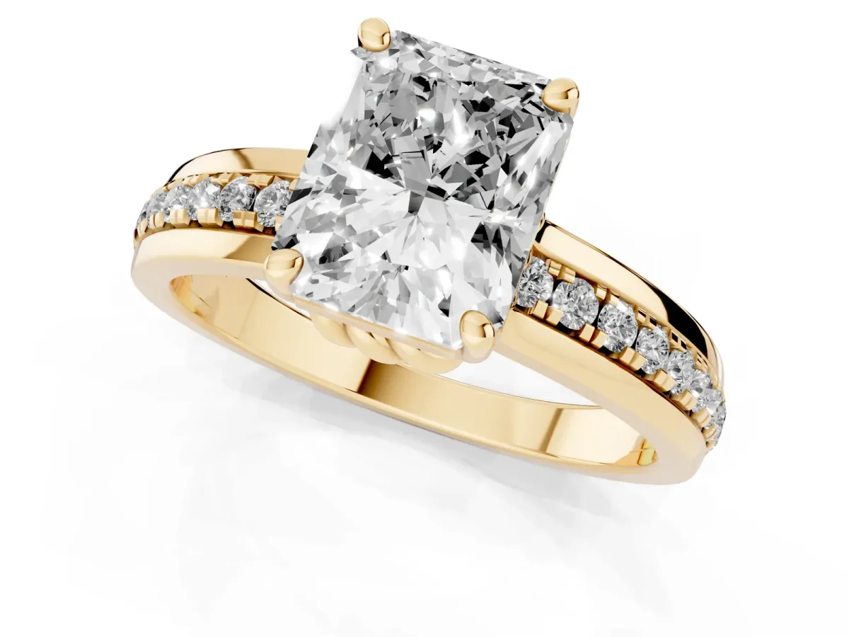 Radiant Cut Solitaire Diamond Ring with Channel Set Band and Six-Prong Setting Yellow gold