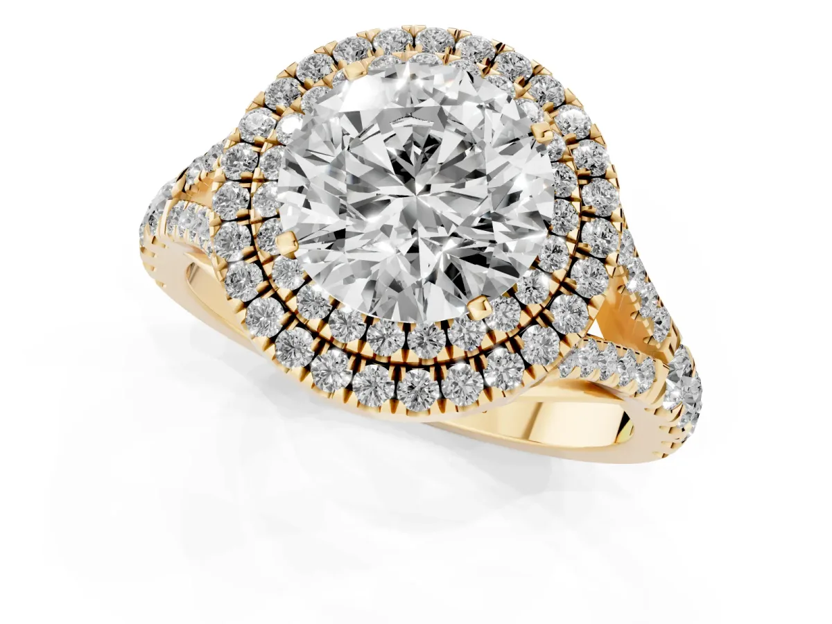 Round Cut Cut Double Halo Split Shank Diamond Ring with Prong Setting Yellow gold