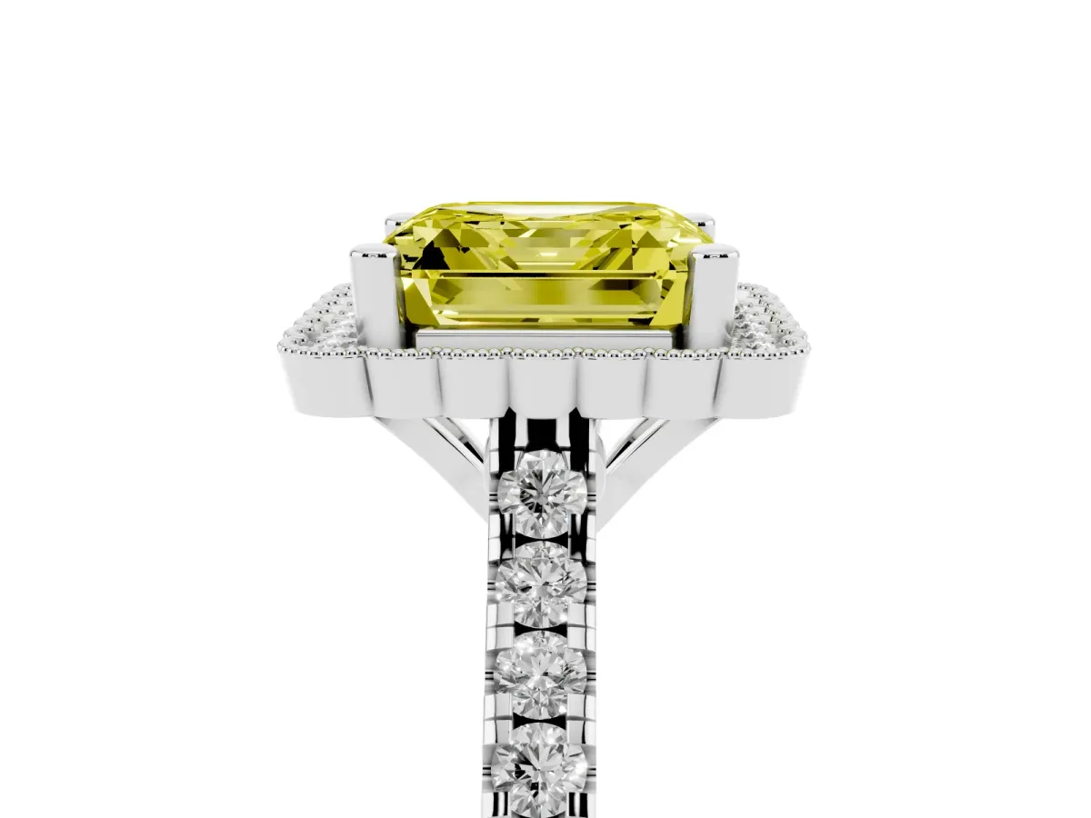 Fancy Yellow Asscher Cut Cut Diamond Milgrain Floral Halo Engagement Ring with Pavé Band Silver