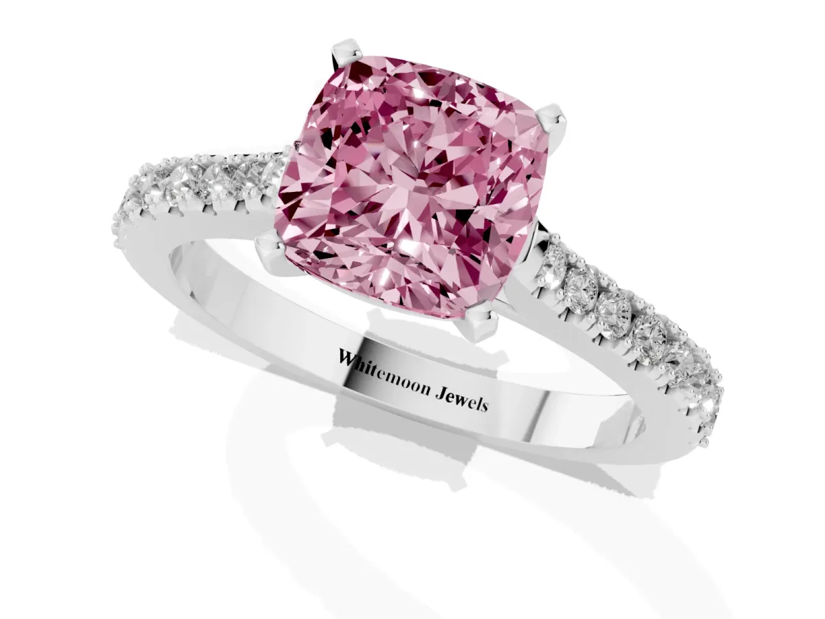 Fancy Pink Cushion Cut Cut Solitaire Diamond Engagement Ring with Pave Band and Four-Prong Setting White gold
