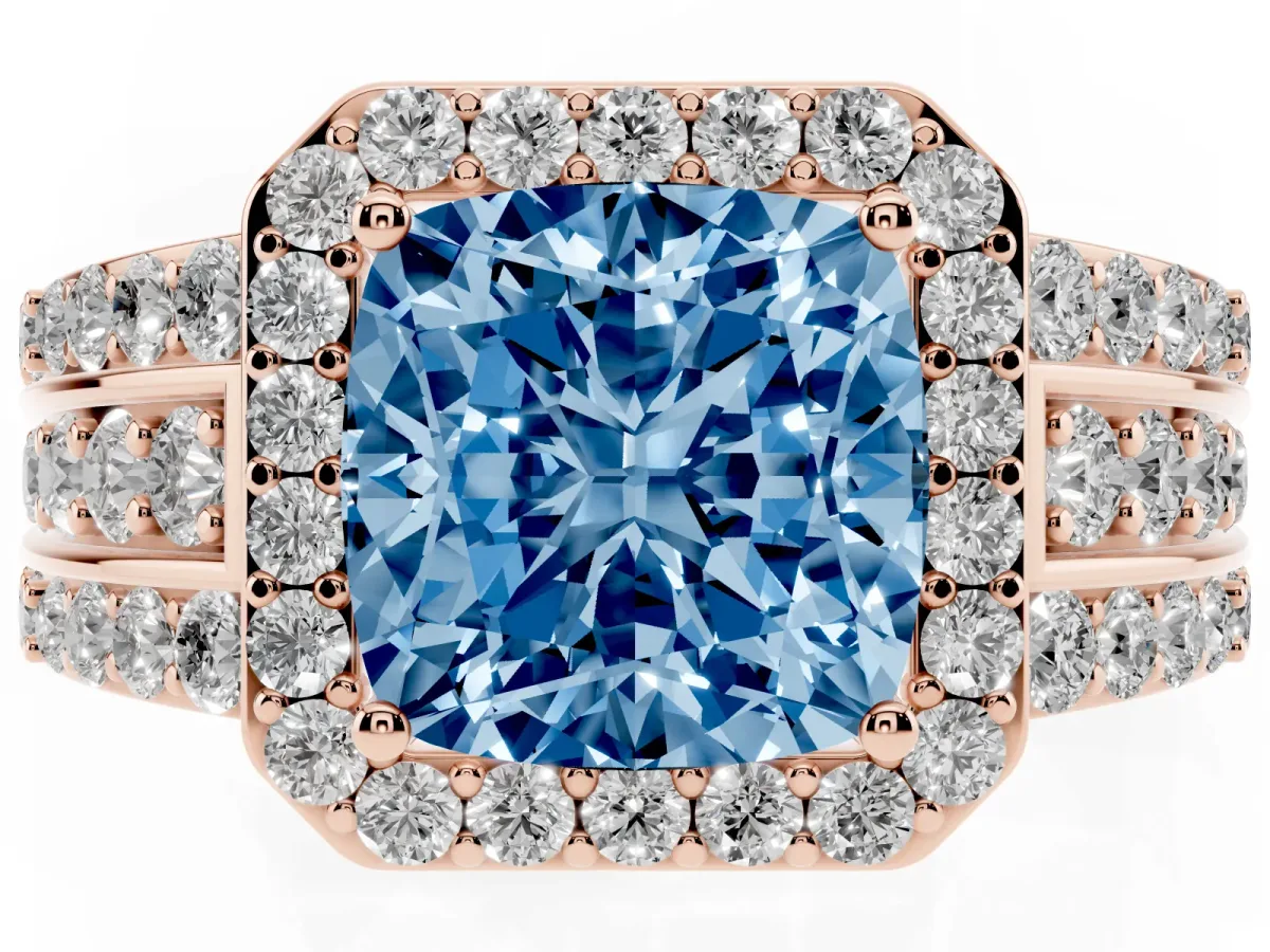 Fancy Blue Cushion Cut Halo Diamond Ring with Round Split Shank and Prong Setting Rose gold
