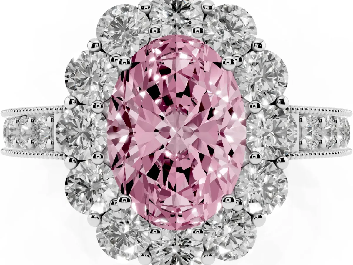 Fancy Pink Oval Cut Cut Halo Diamond Pavé Engagement Ring with Milgrain Detailing Platinum