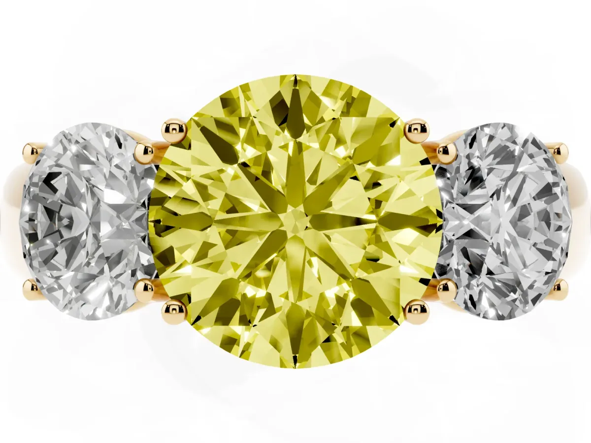 Fancy Yellow Three-Stone Round Cut Cut Diamond Ring with Prong Setting and Classic Band Yellow gold
