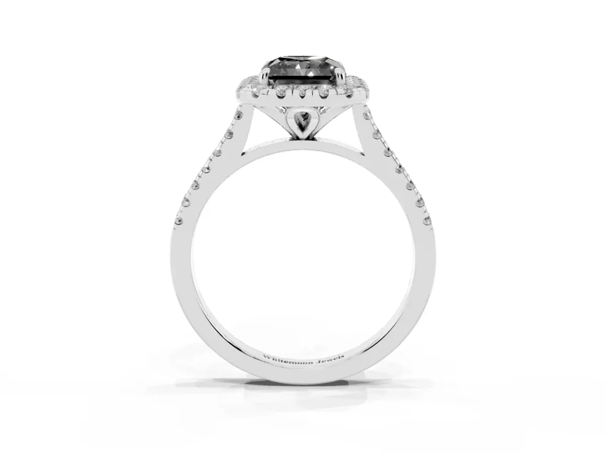 Fancy Black Radiant Cut Diamond Cushion Halo Ring with Pavé Band Silver
