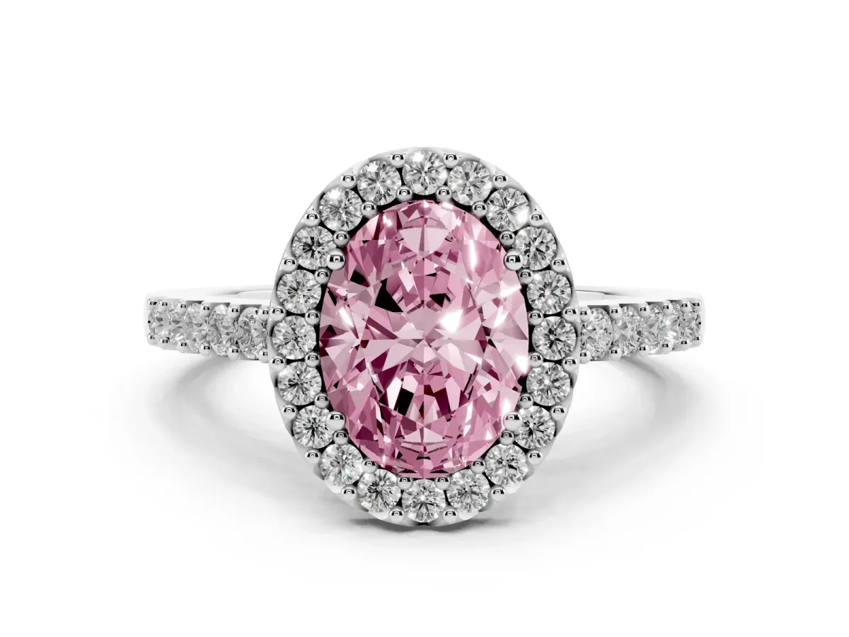 Fancy Pink Oval Cut Halo Diamond Pavé Solitaire Ring Silver