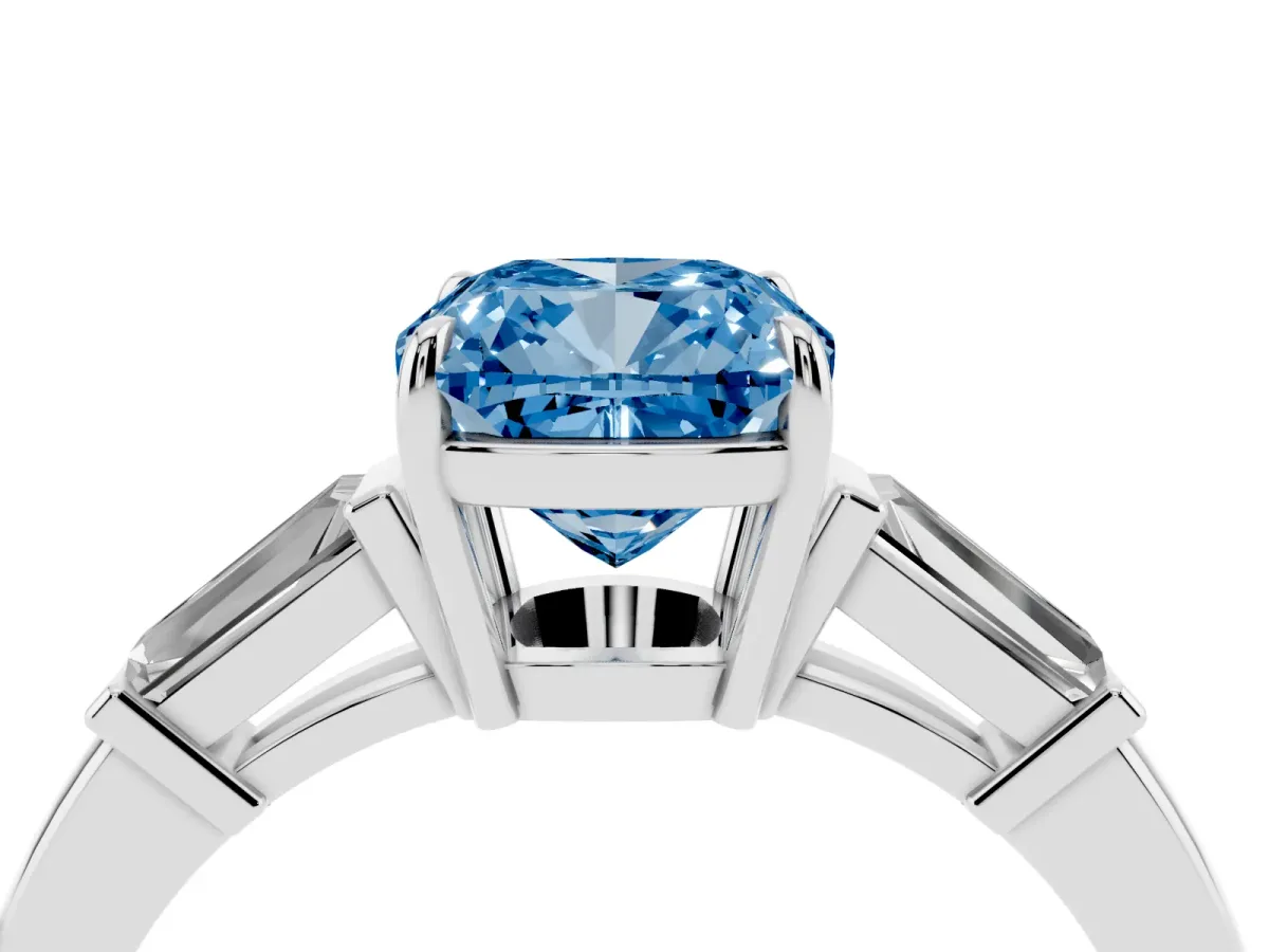 Fancy Blue Cushion Cut Diamond Three-Stone Ring with Tapered Baguette Side Stones and Prong Setting Silver