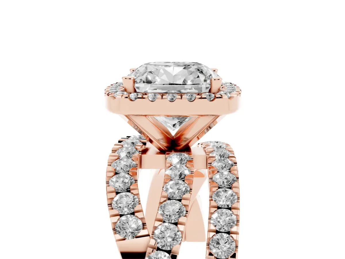 Cushion Cut Diamond Halo Ring with Round Split Shank and Prong Setting Rose gold