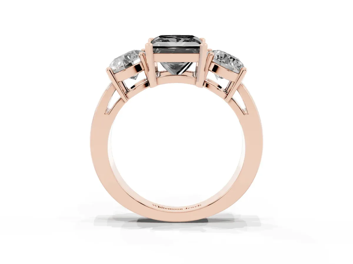 Fancy Black Three-Stone Princess Cut Diamond Ring with Round Side Stones, Classic Band, and Four-Prong Setting Rose gold