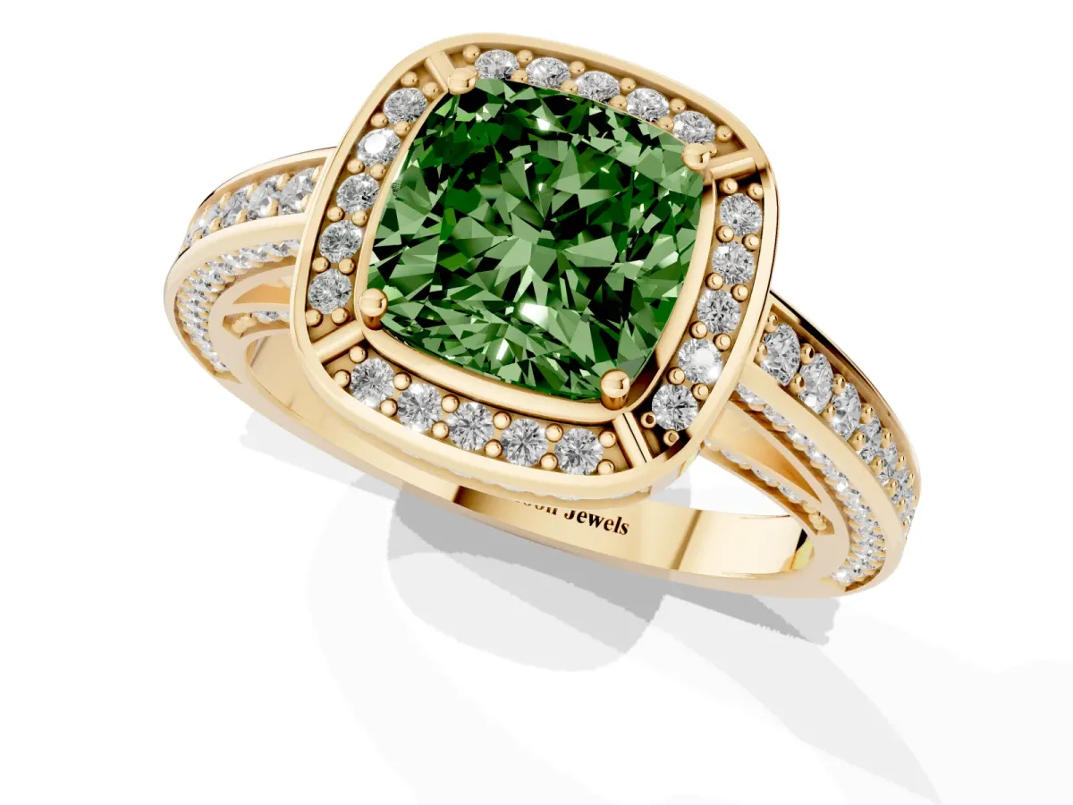 Fancy Green Cushion Cut Cut Halo Pave Split Shank Prong Setting Ring Yellow gold
