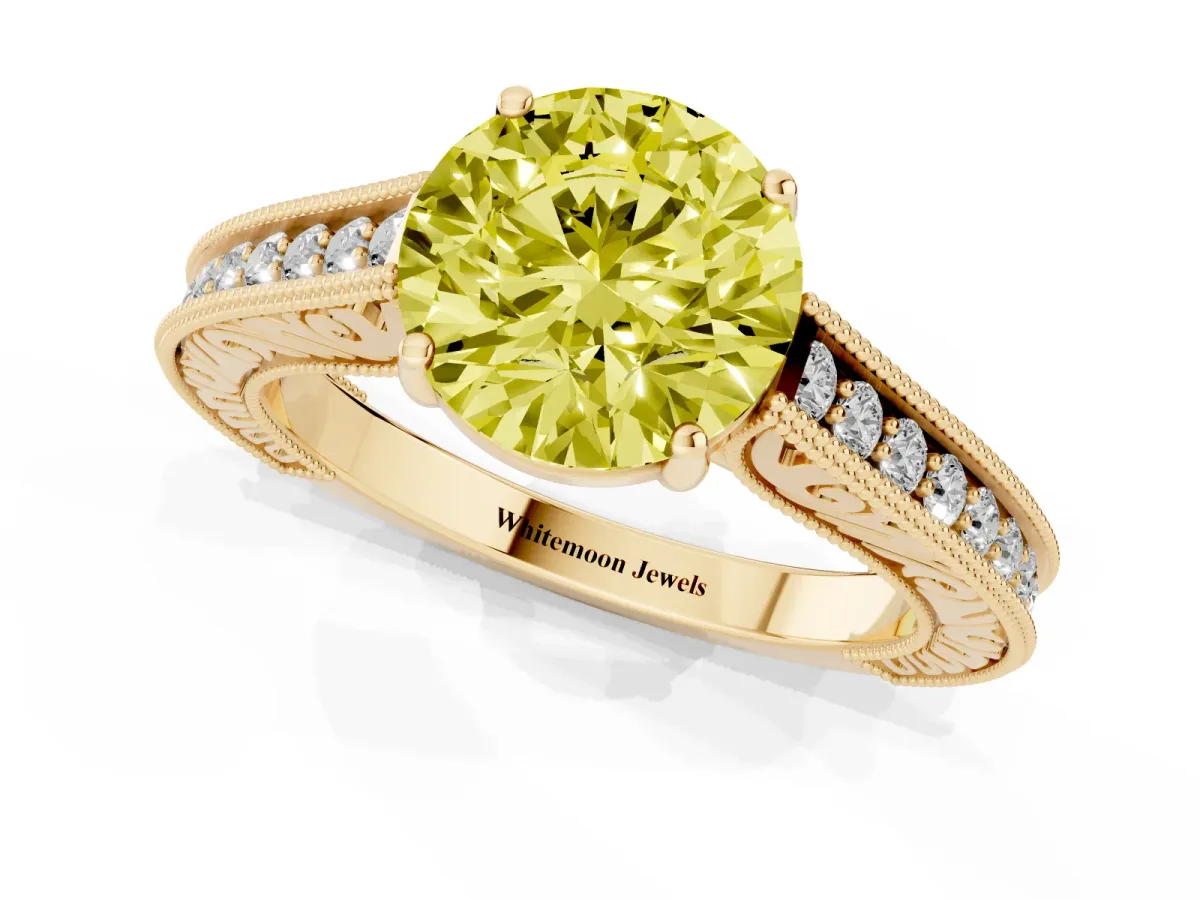 Fancy Yellow Round Cut Cut Pave Band Milgrain Solitaire Ring Yellow gold