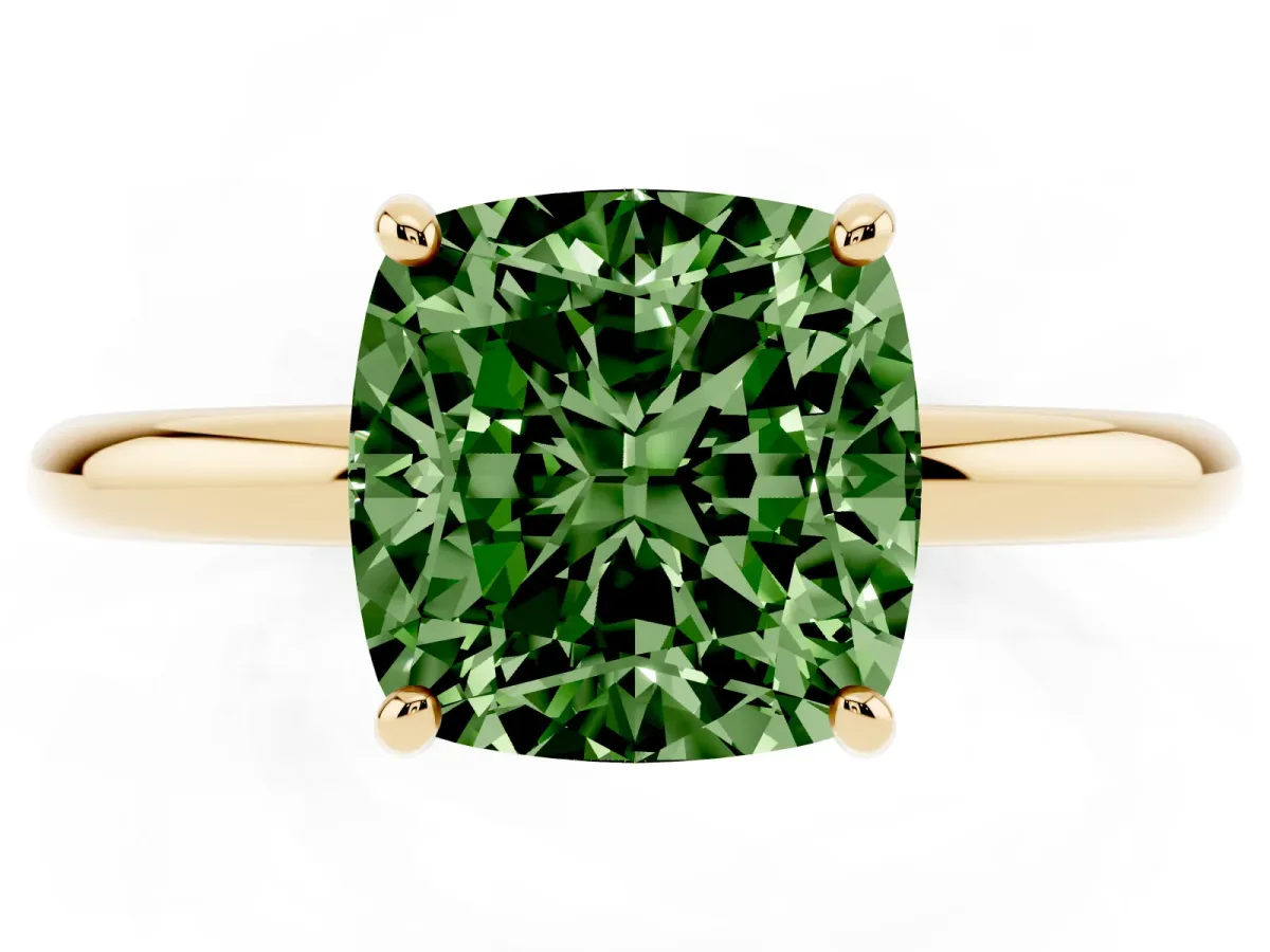 Fancy Green Cushion Cut Solitaire Diamond Ring with Four-Prong Setting on a Plain Band Yellow gold