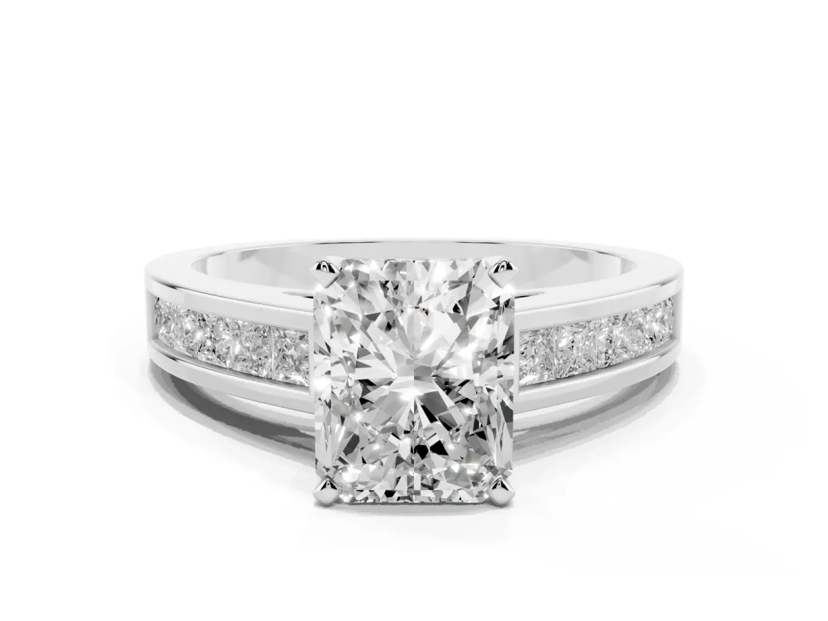 Radiant Cut Solitaire Diamond Ring with Channel-Set Band and Four-Prong Setting Platinum
