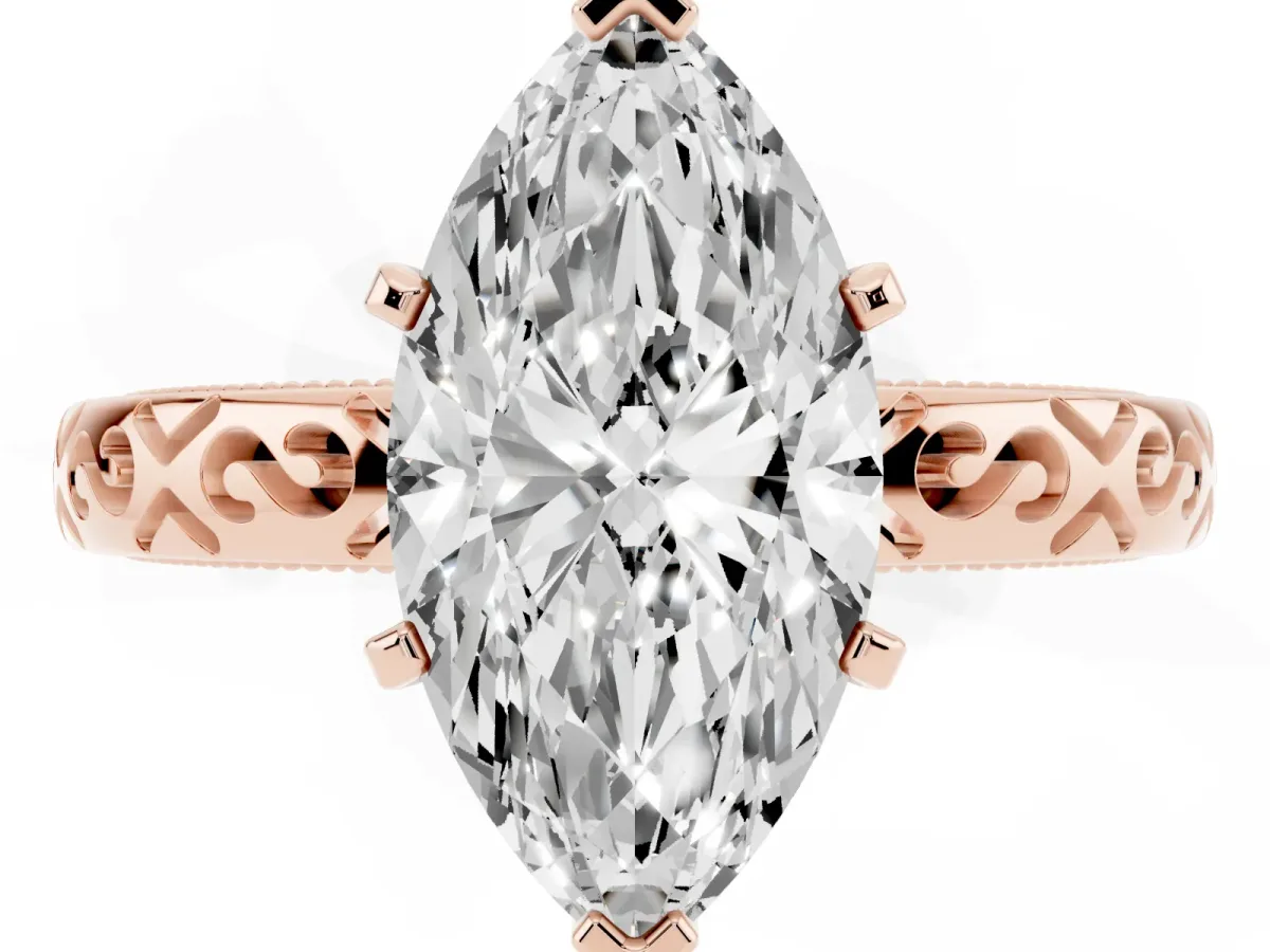 Marquise Cut Solitaire Engagement Ring with Scrollwork Band and Four-Prong Setting Rose gold