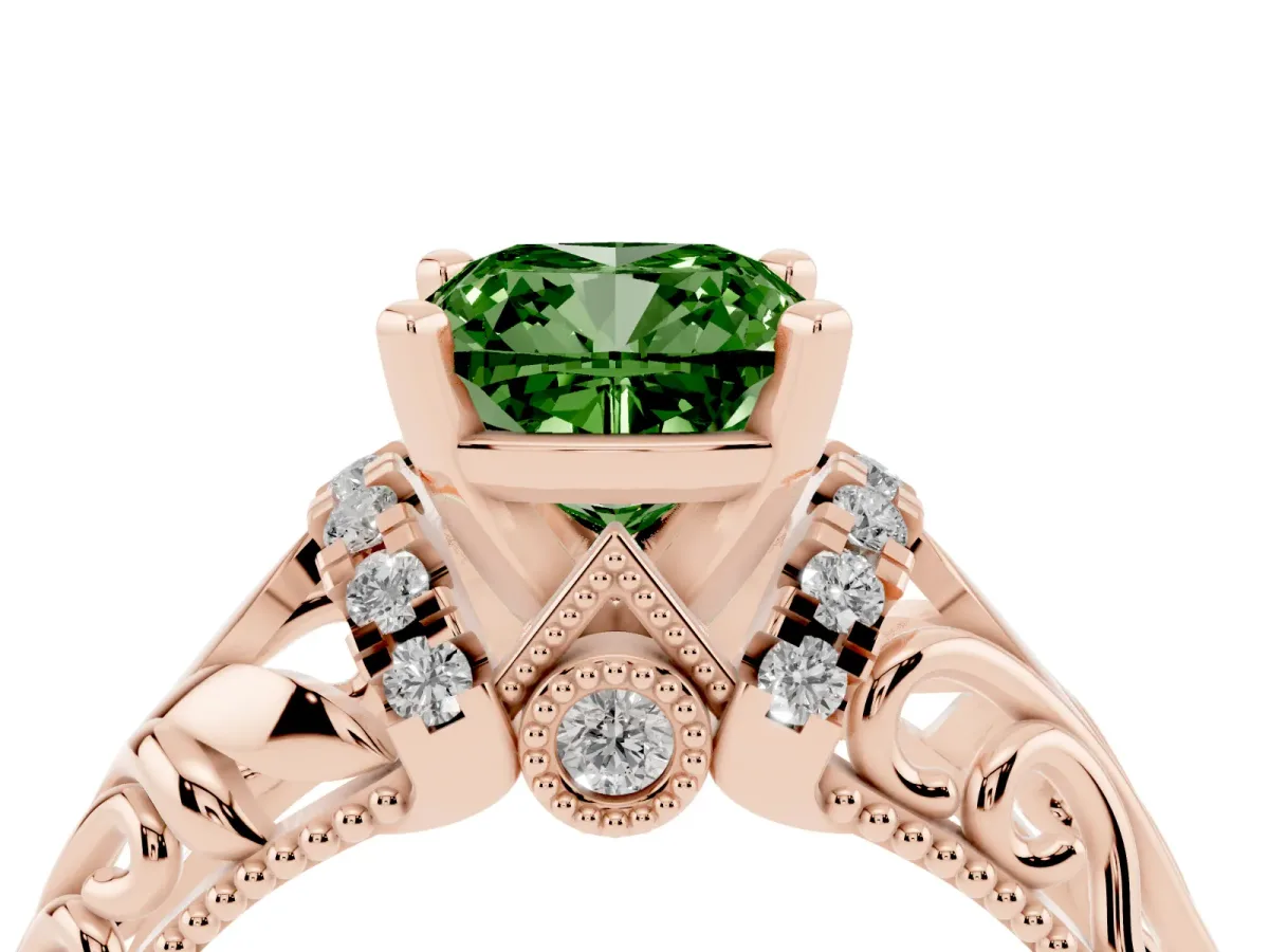 Fancy Green Cushion Cut Solitaire Filigree Engagement Ring with Halo and Prong Setting Rose gold