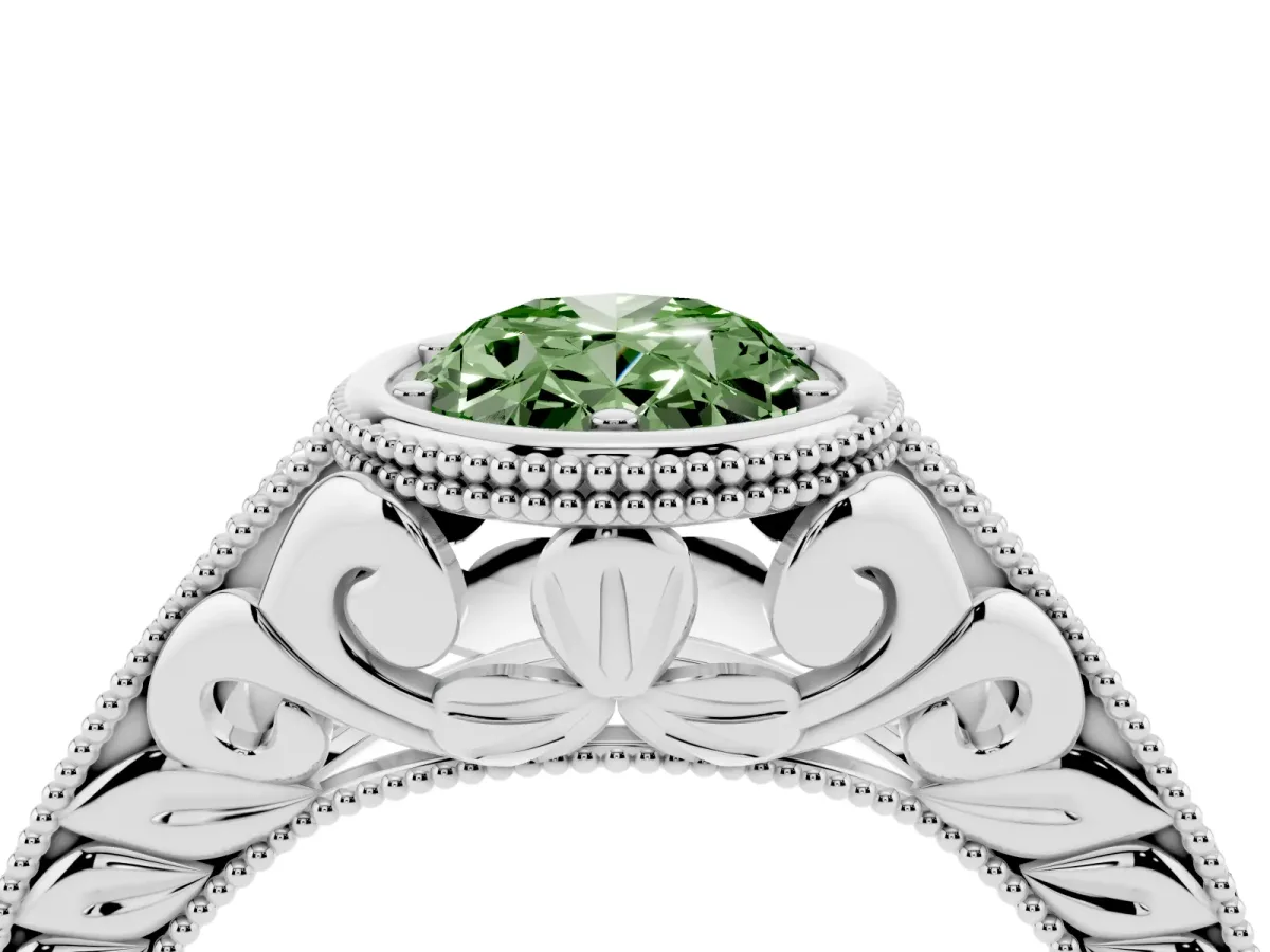 Fancy Green Bezel Set Oval Cut Diamond Milgrain Pave Engagement Ring Silver