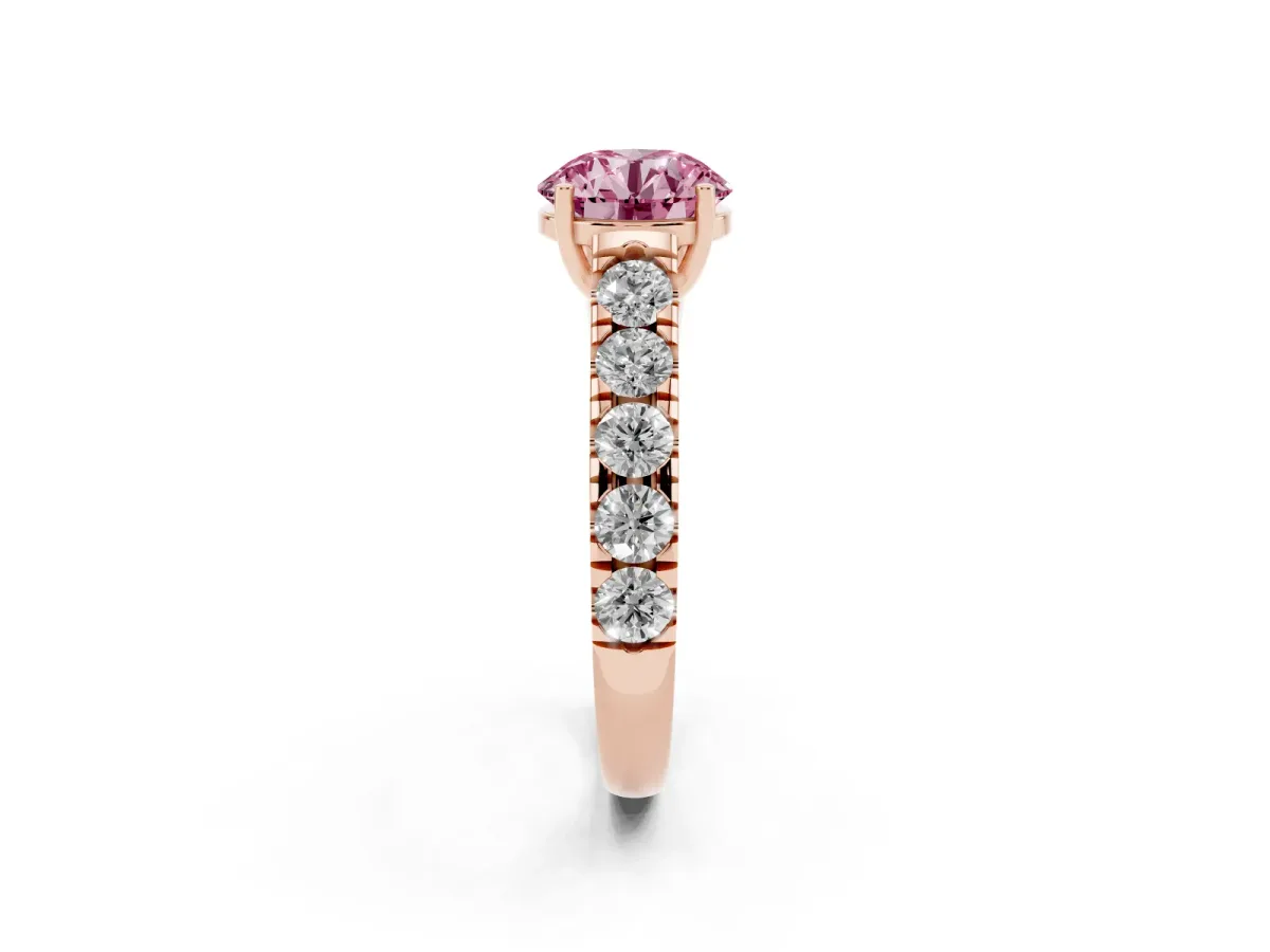 Fancy Pink Round Cut Cut Diamond Solitaire Ring with Micro Pave Band and Prong Setting Rose gold