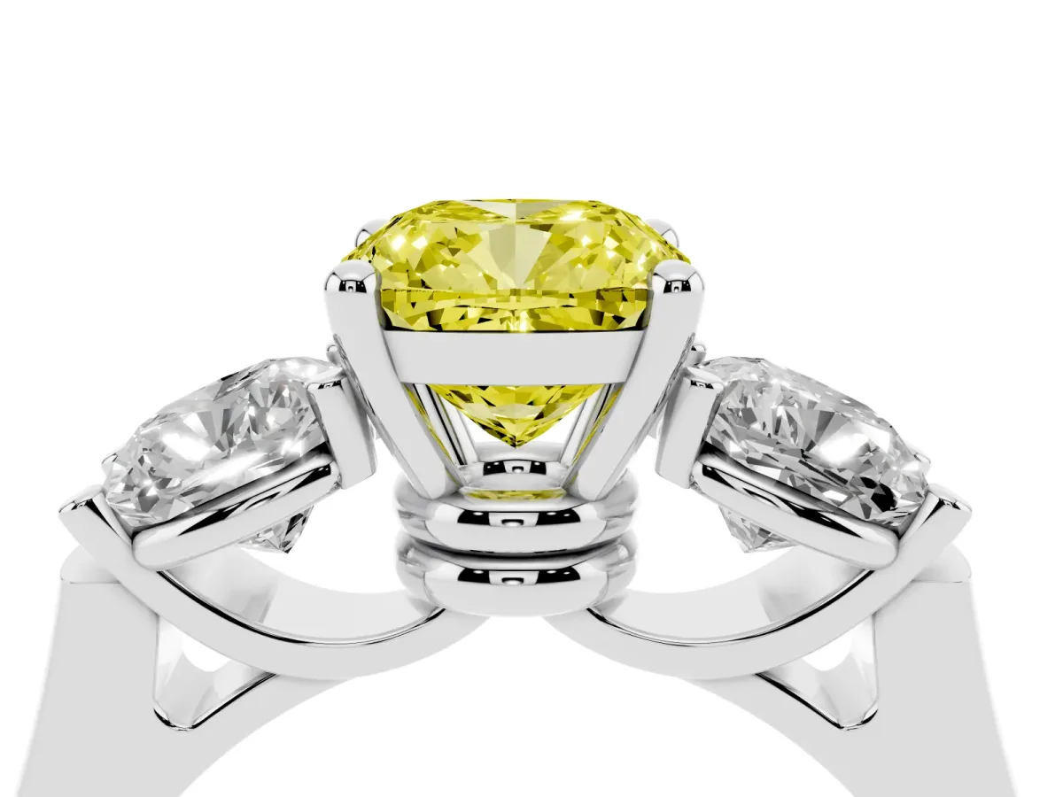 Fancy Yellow Three-Stone Cushion Cut Brilliant Diamond Trellis Ring with Comfort Fit Band White gold