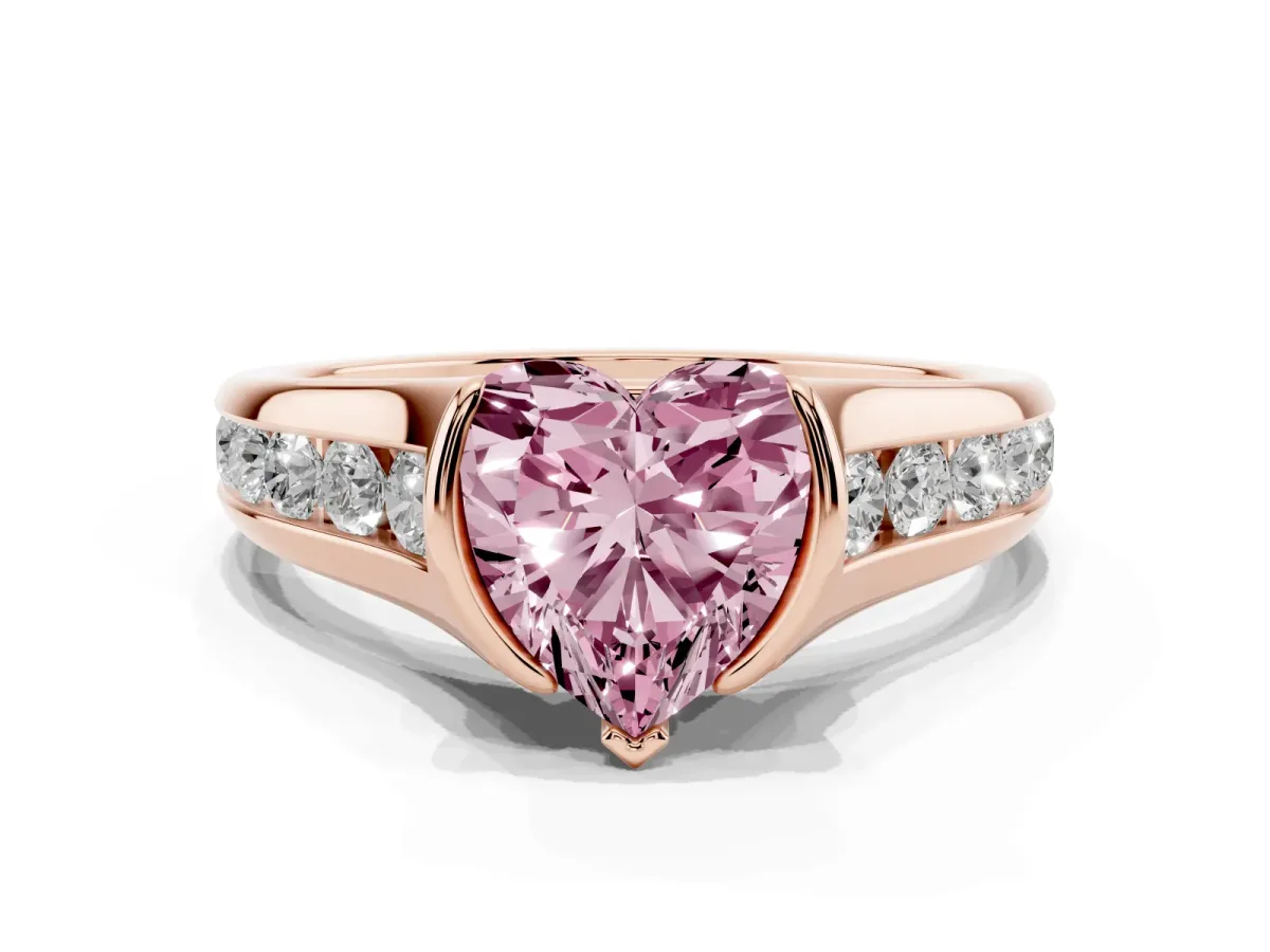 Fancy Pink Heart Cut Solitaire Bezel-Set Diamond Ring with Channel-Set Band Rose gold